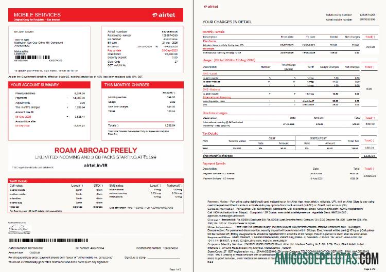 realista Modelo de fatura de serviços públicos Airtel da Índia em formatos Word e PDF, 2 páginas